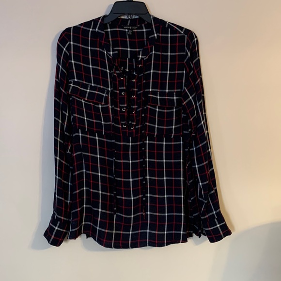 Tops - MAISON COUPE Medium Adorable Ladies Long Sleeve Plaid Lace up Tunic Top